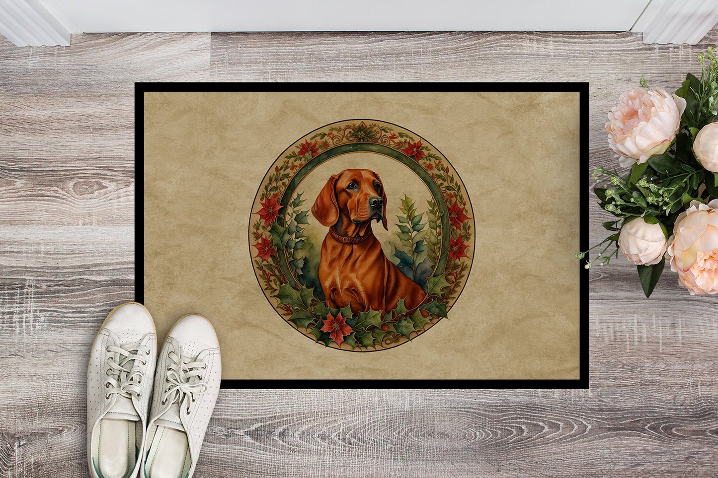 Red Redbone Coonhound Christmas Flowers Doormat