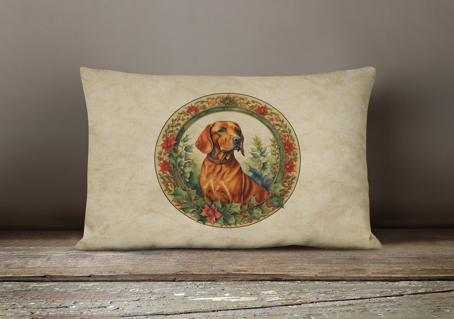 Red Redbone Coonhound Christmas Flowers Throw Pillow