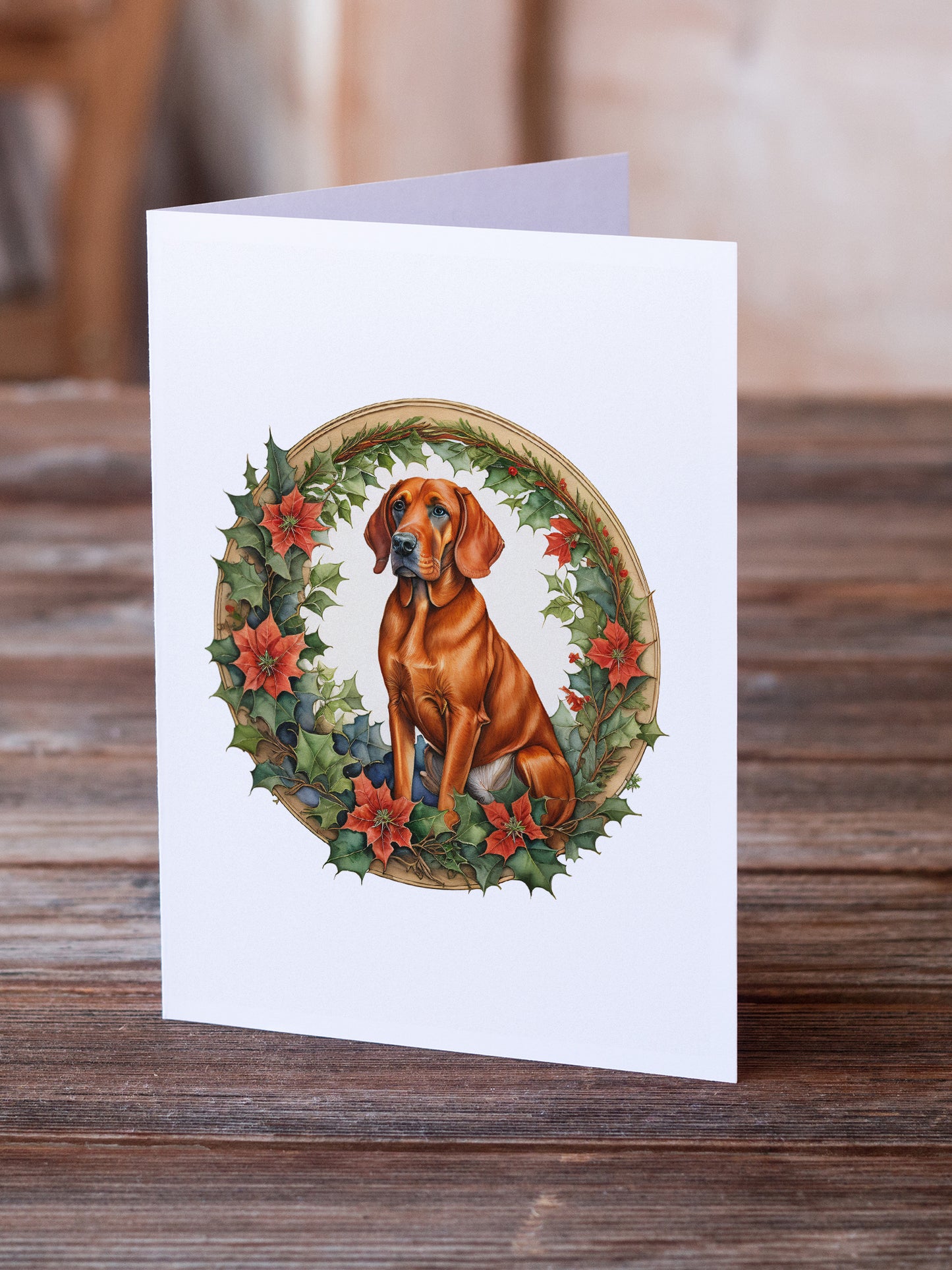 Red Redbone Coonhound Christmas Flowers Greeting Cards Pack of 8