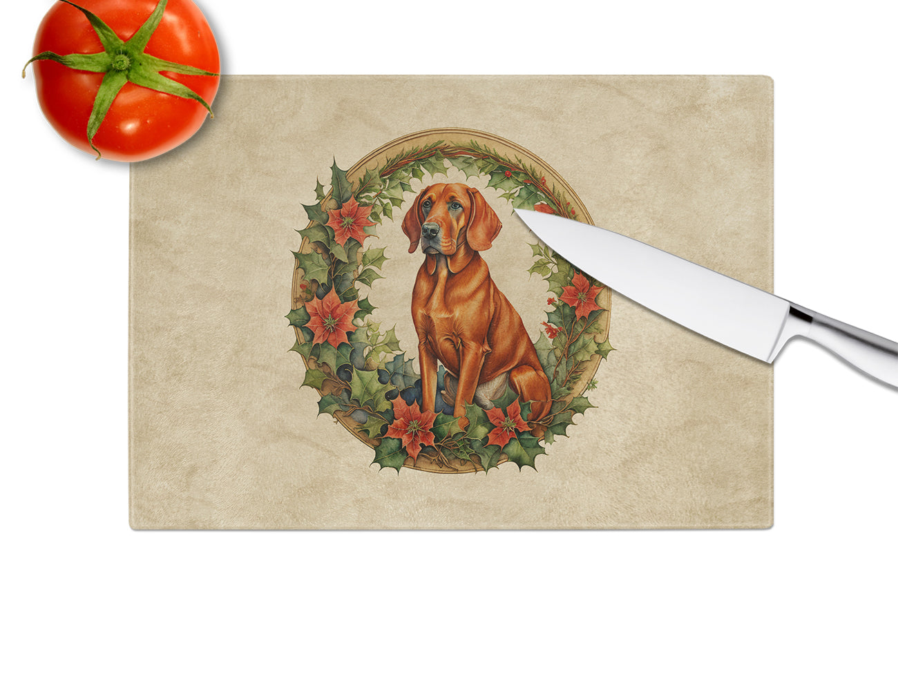 Red Redbone Coonhound Christmas Flowers Glass Cutting Board