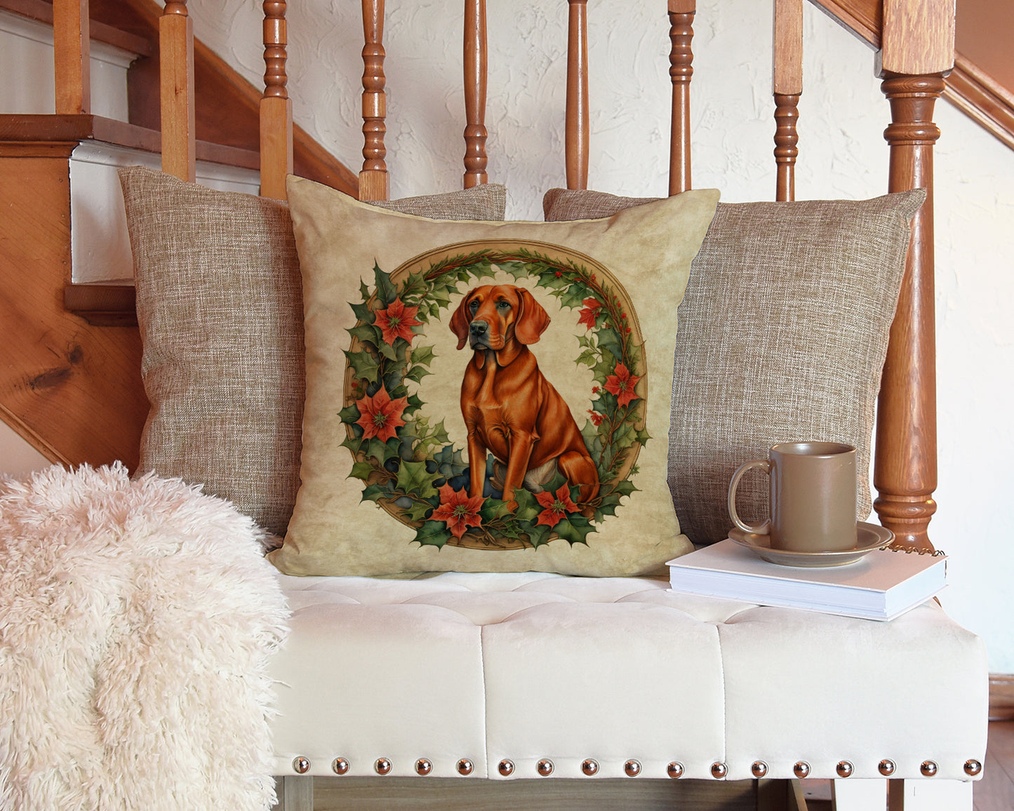 Red Redbone Coonhound Christmas Flowers Throw Pillow