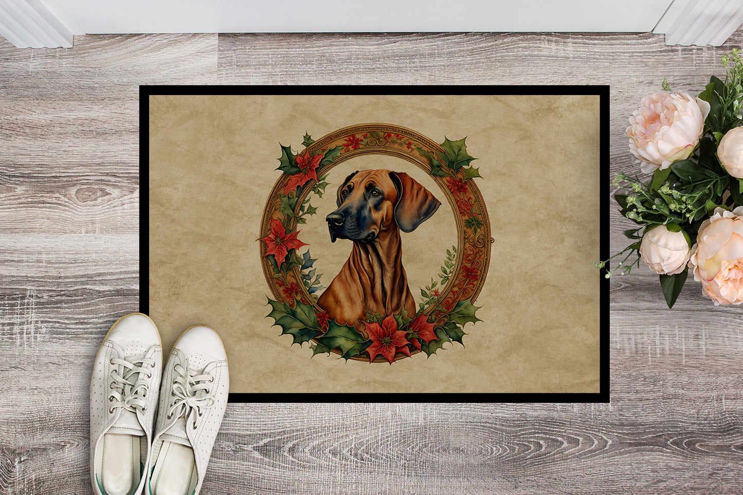 Rhodesian Ridgeback Christmas Flowers Doormat