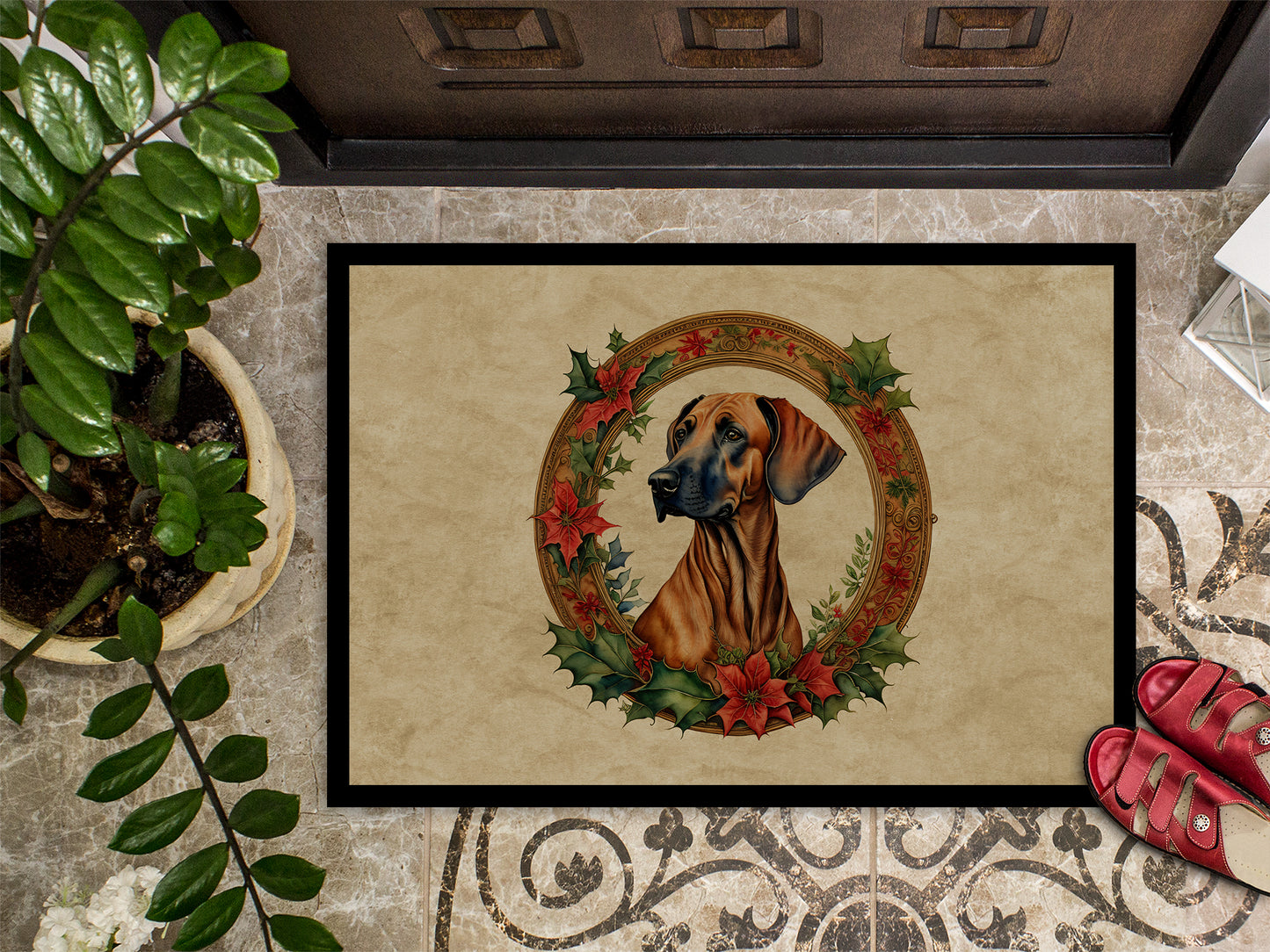 Rhodesian Ridgeback Christmas Flowers Doormat