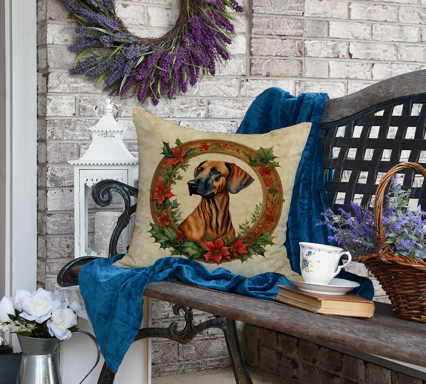 Rhodesian Ridgeback Christmas Flowers Throw Pillow