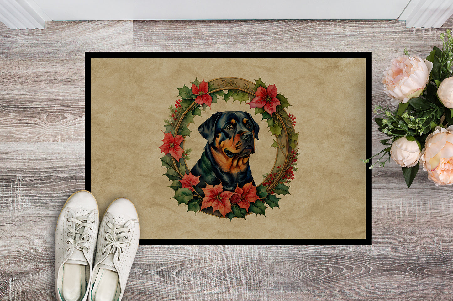 Rottweiler Christmas Flowers Doormat