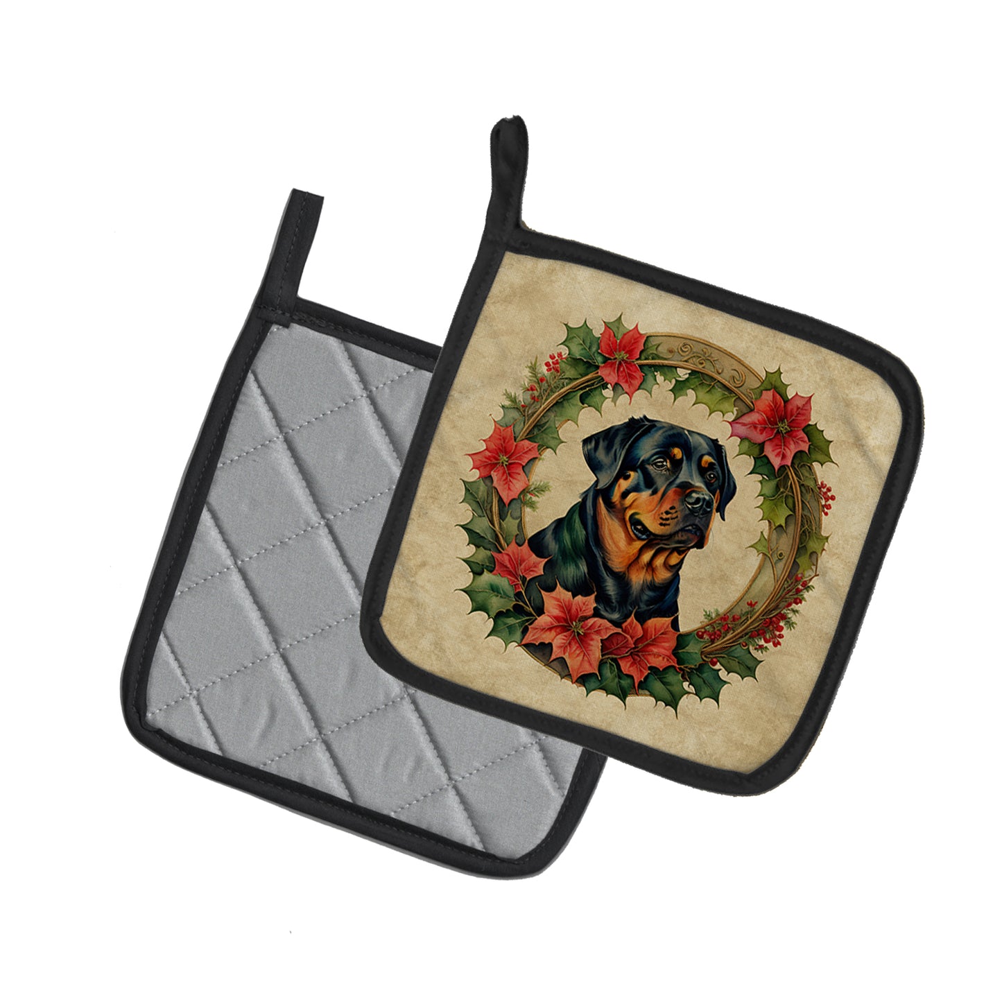 Rottweiler Christmas Flowers Pair of Pot Holders