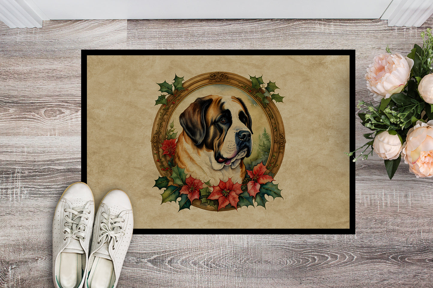 Saint Bernard Christmas Flowers Doormat