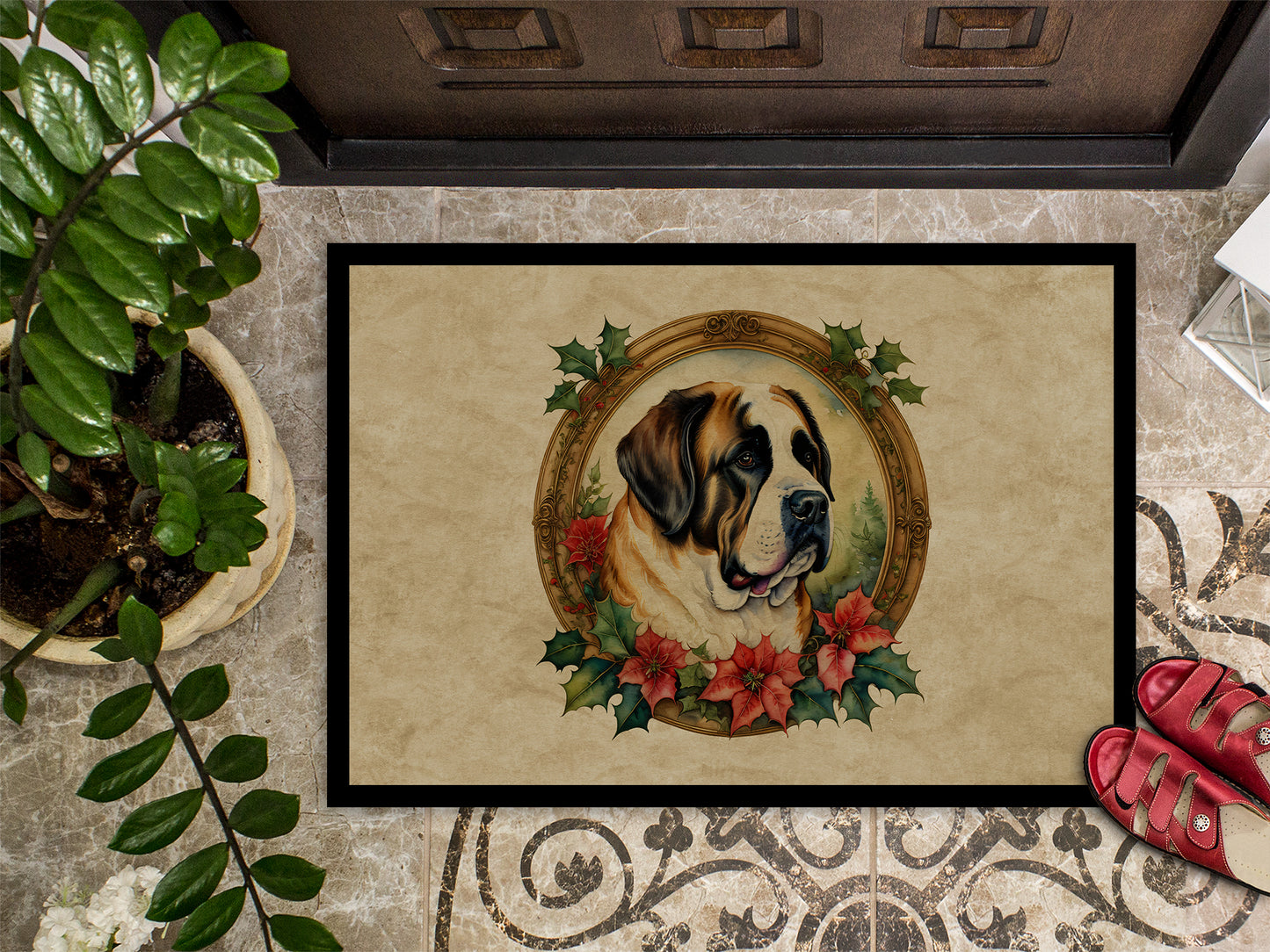 Saint Bernard Christmas Flowers Doormat