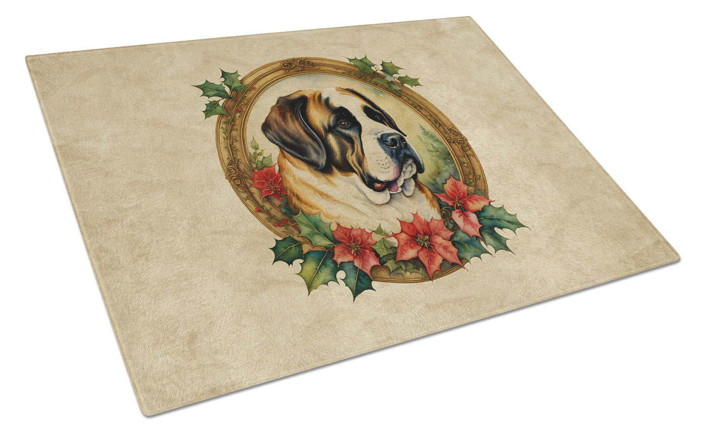 Buy this Saint Bernard Christmas Flowers Glass Cutting Board