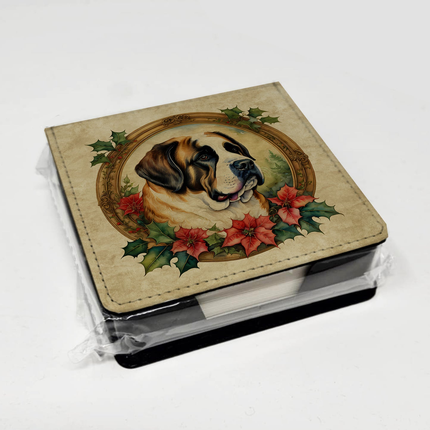 Saint Bernard Christmas Flowers PU Leather Note Paper Holder