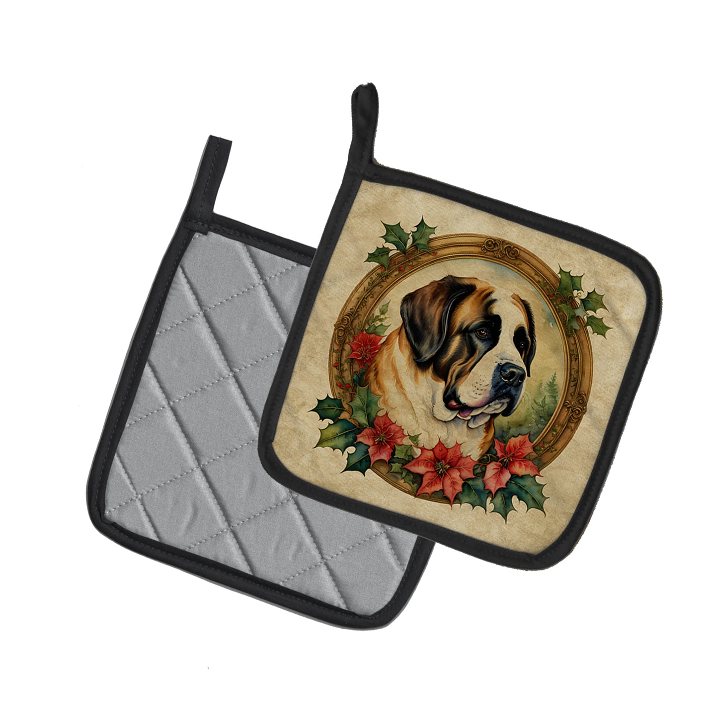 Saint Bernard Christmas Flowers Pair of Pot Holders