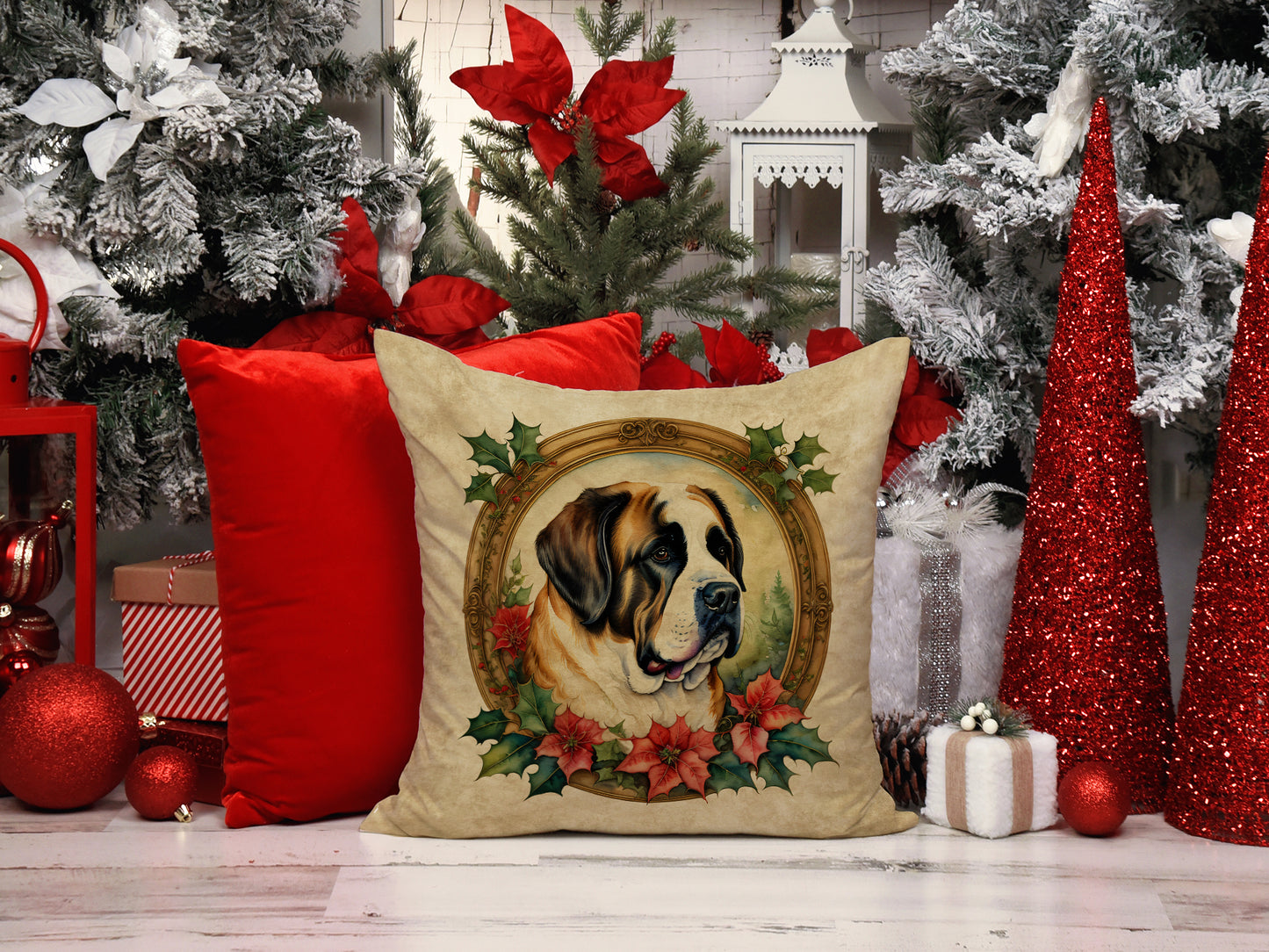 Saint Bernard Christmas Flowers Throw Pillow