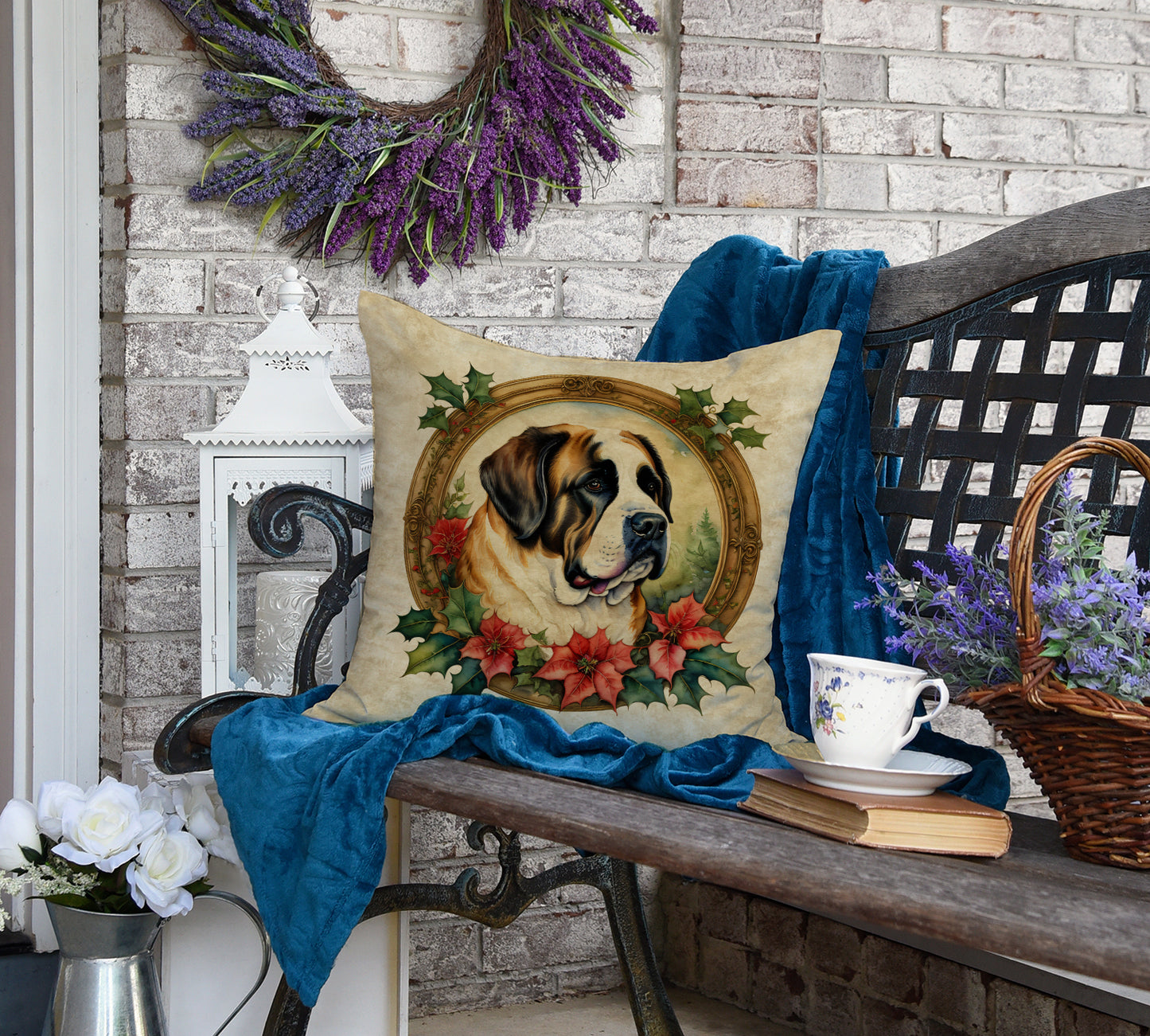 Saint Bernard Christmas Flowers Throw Pillow