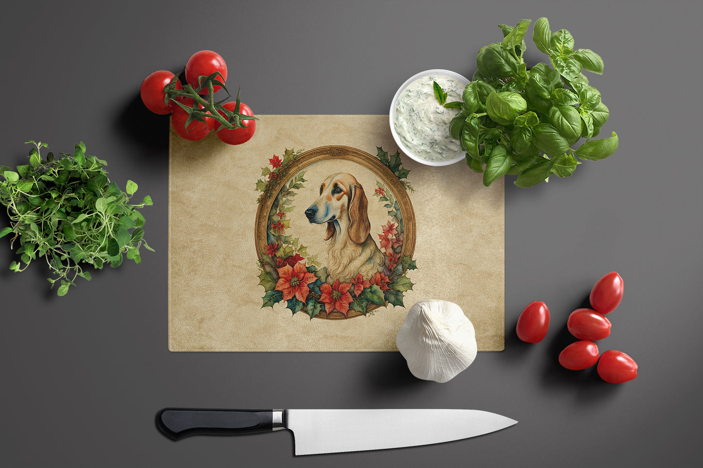 Saluki Christmas Flowers Glass Cutting Board