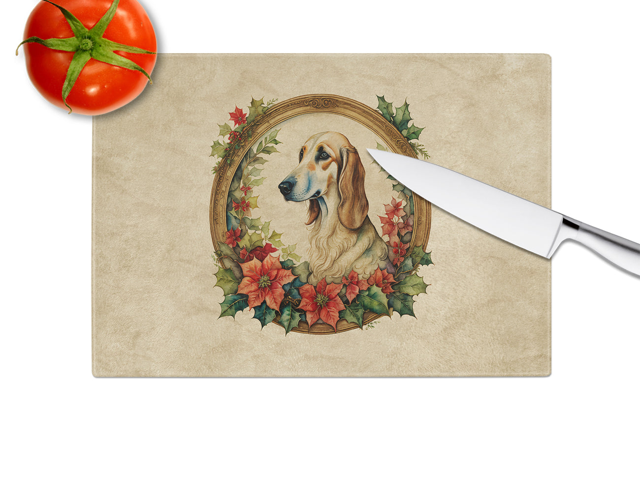 Saluki Christmas Flowers Glass Cutting Board