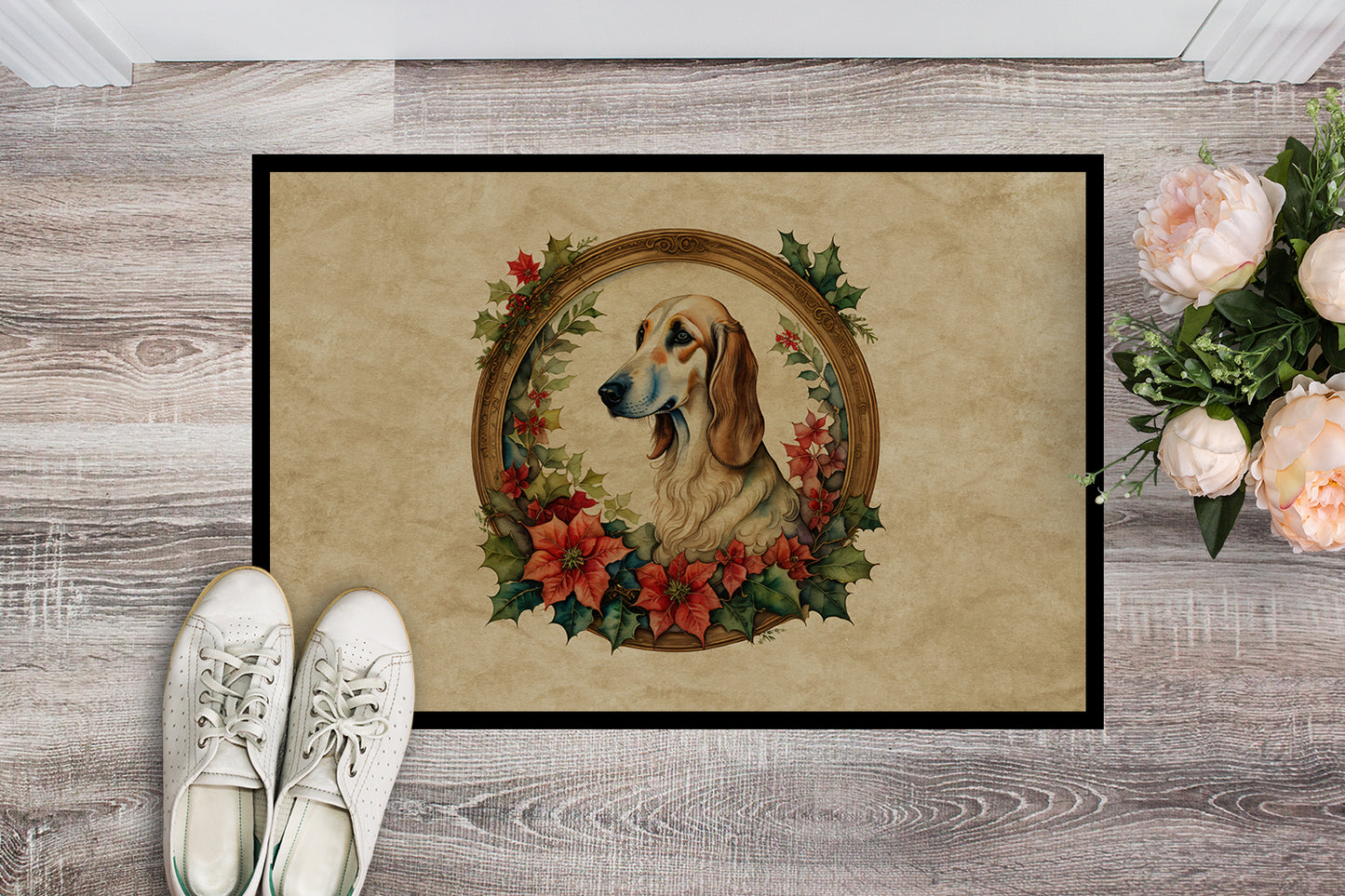 Saluki Christmas Flowers Doormat