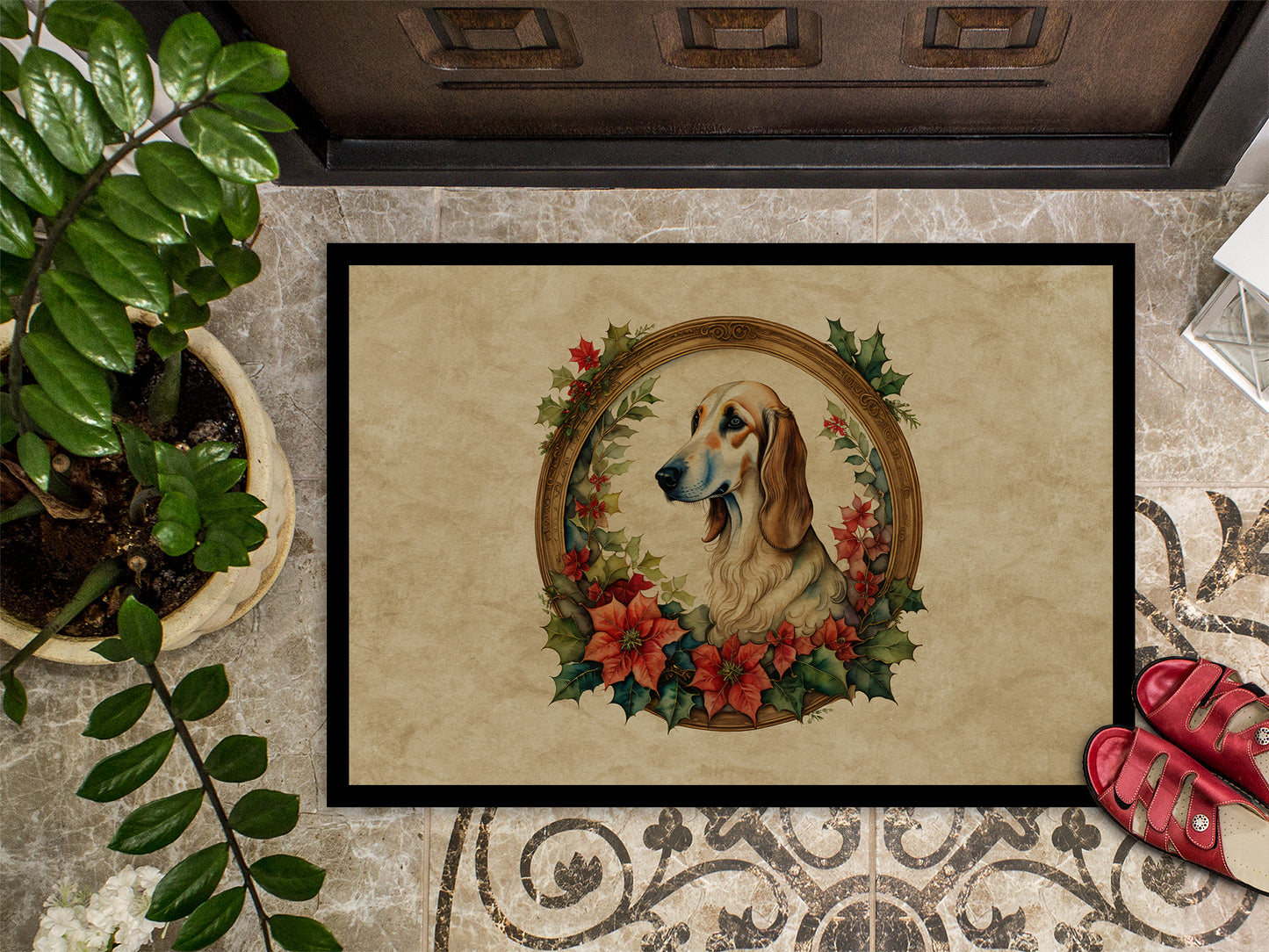 Saluki Christmas Flowers Doormat