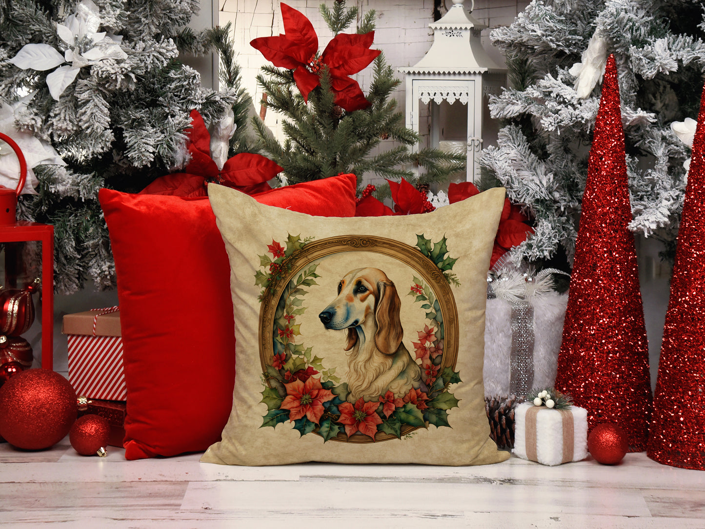 Saluki Christmas Flowers Throw Pillow