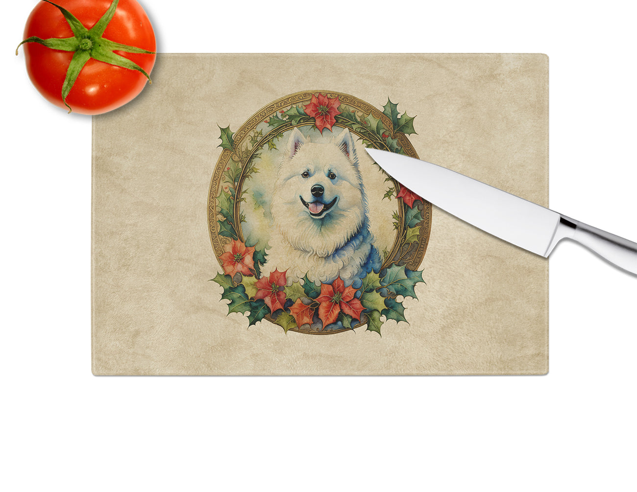 Samoyed Christmas Flowers Glass Cutting Board