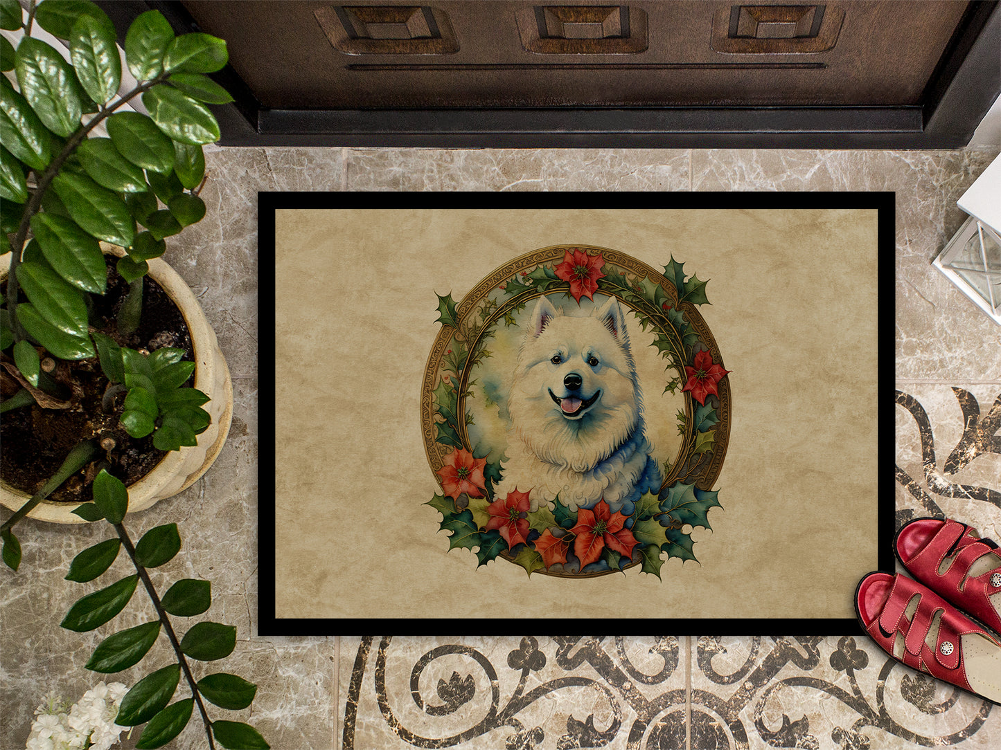 Samoyed Christmas Flowers Doormat