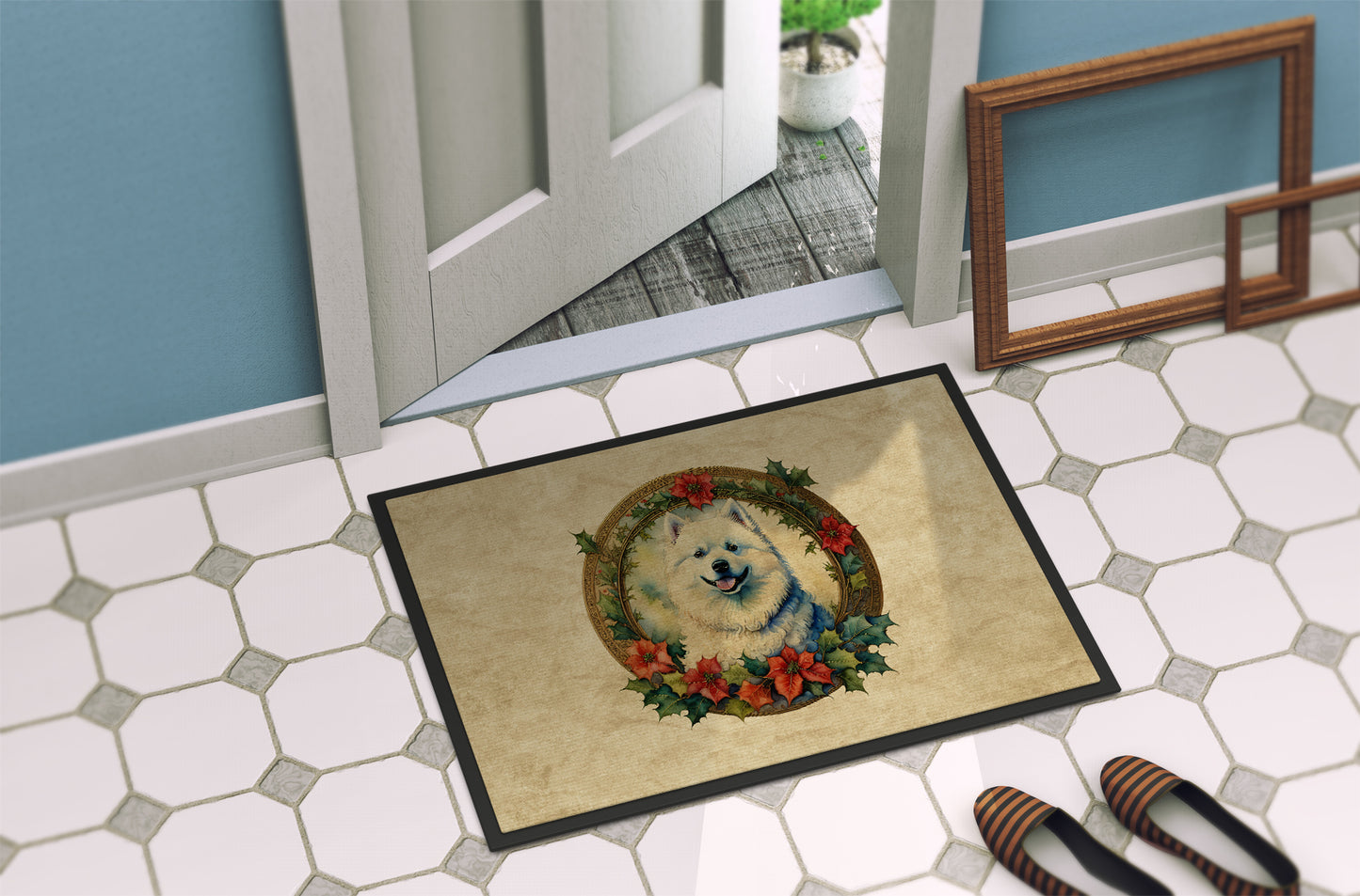 Samoyed Christmas Flowers Doormat