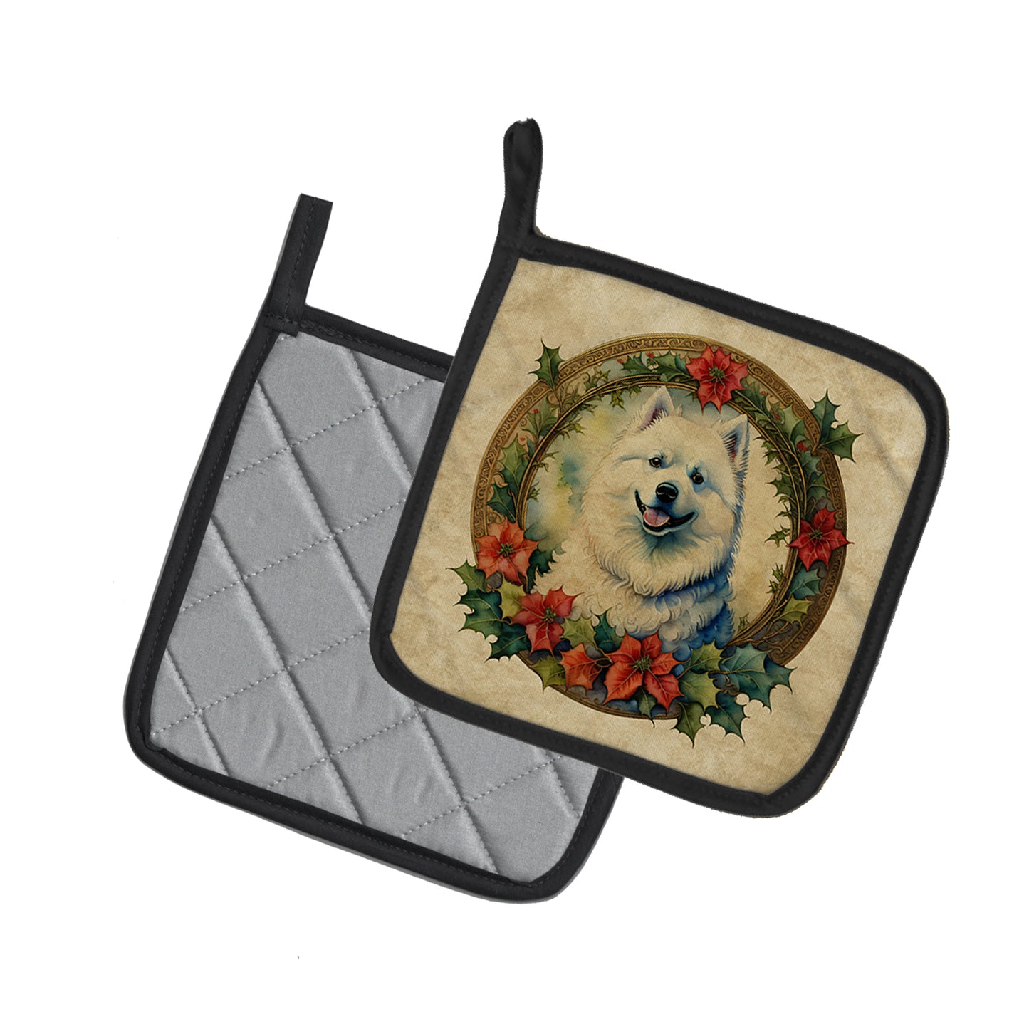 Samoyed Christmas Flowers Pair of Pot Holders