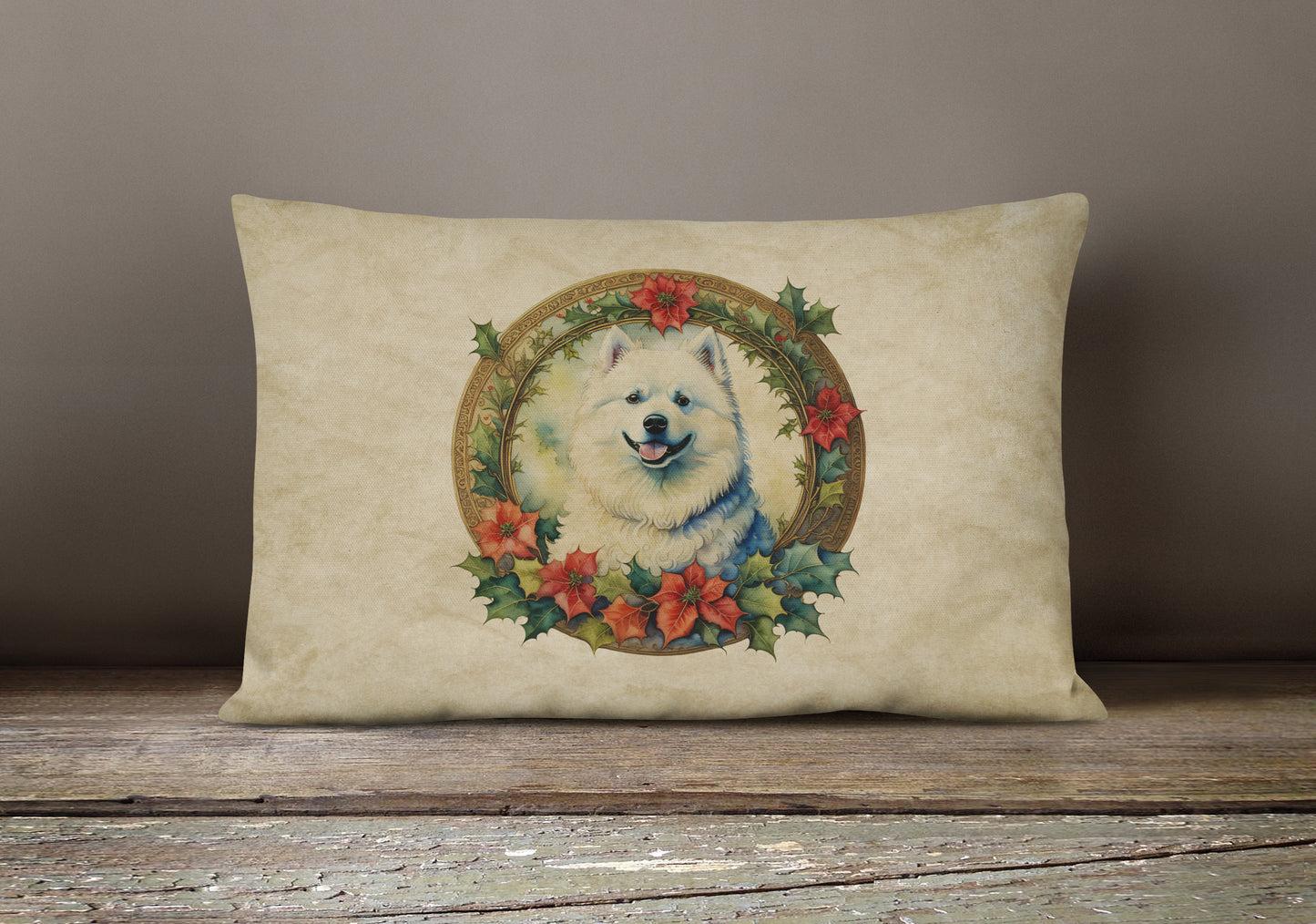 Samoyed Christmas Flowers Throw Pillow