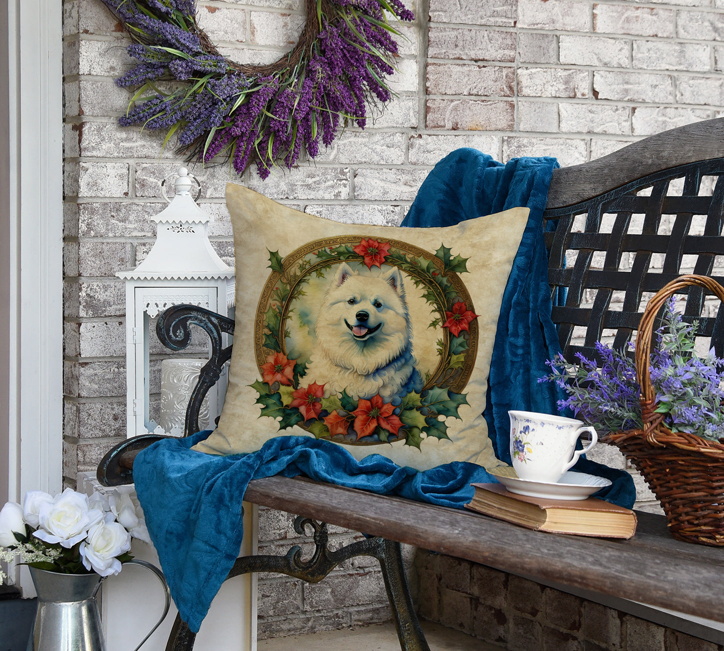 Samoyed Christmas Flowers Throw Pillow