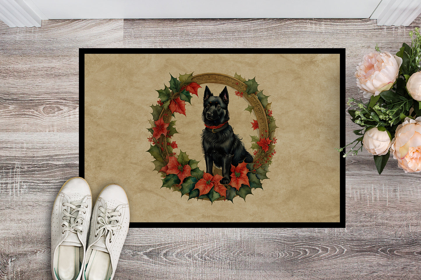 Schipperke Christmas Flowers Doormat