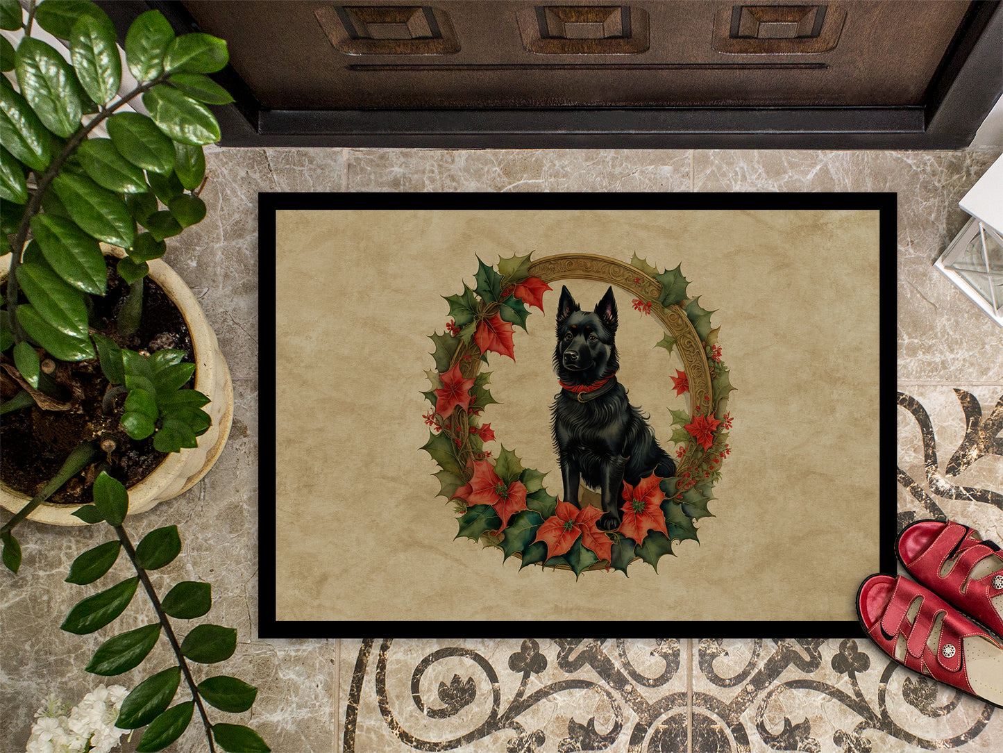 Schipperke Christmas Flowers Doormat