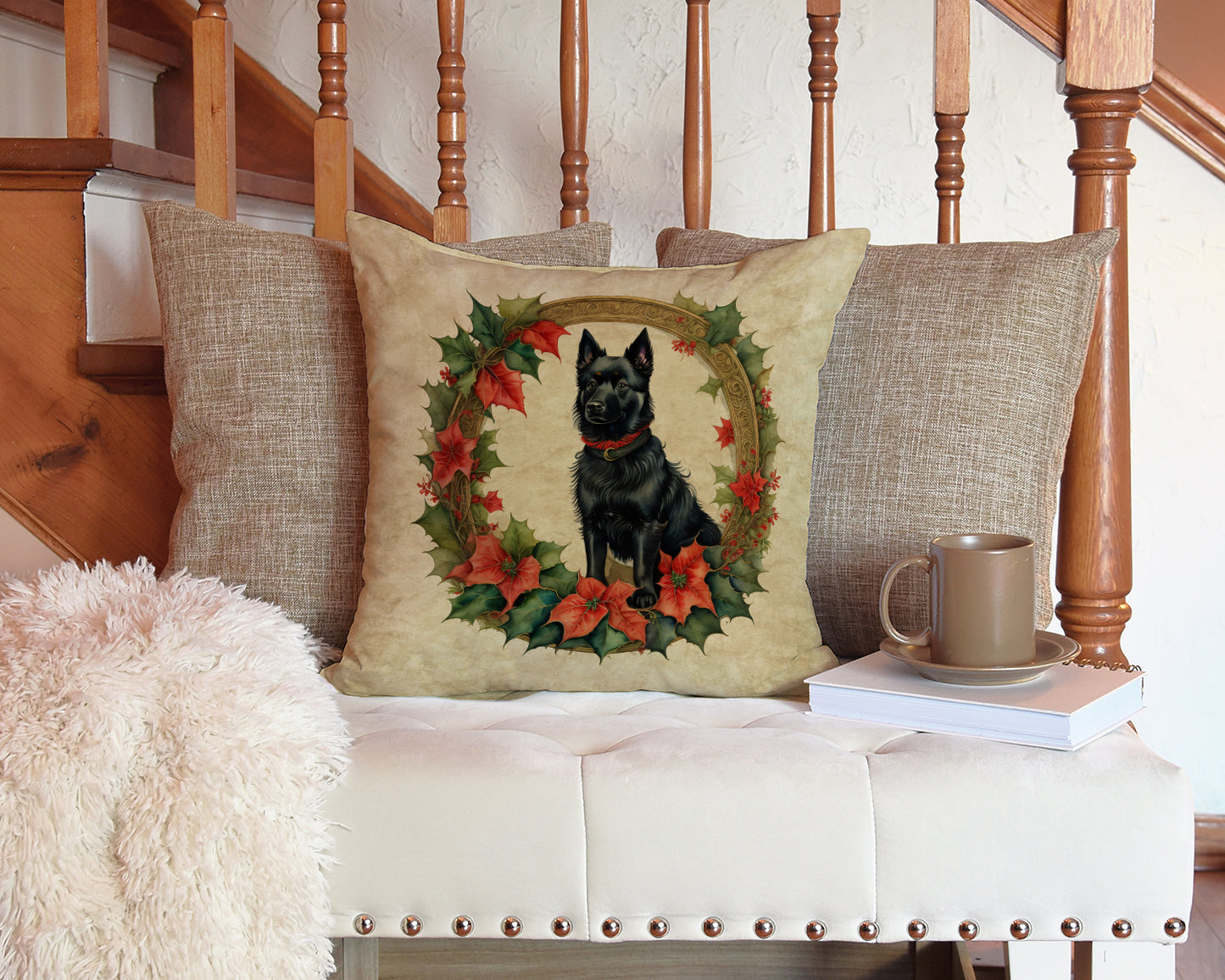 Schipperke Christmas Flowers Throw Pillow