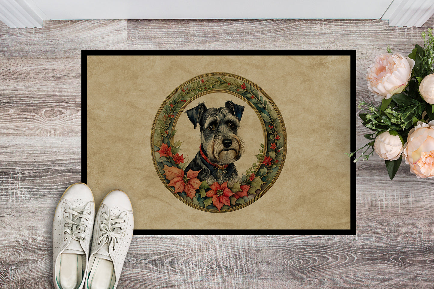 Schnauzer Christmas Flowers Doormat