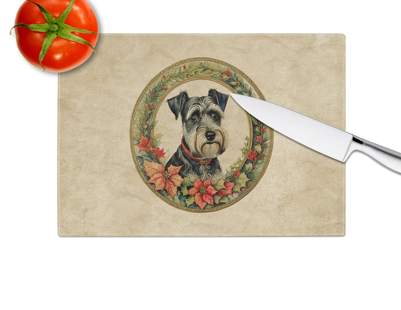 Schnauzer Christmas Flowers Glass Cutting Board