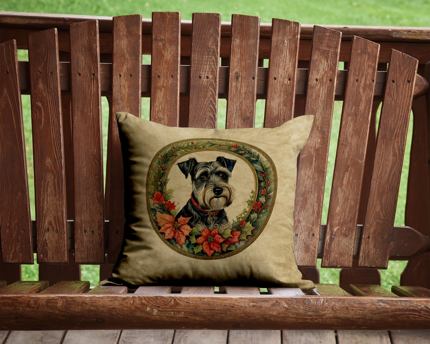 Schnauzer Christmas Flowers Throw Pillow