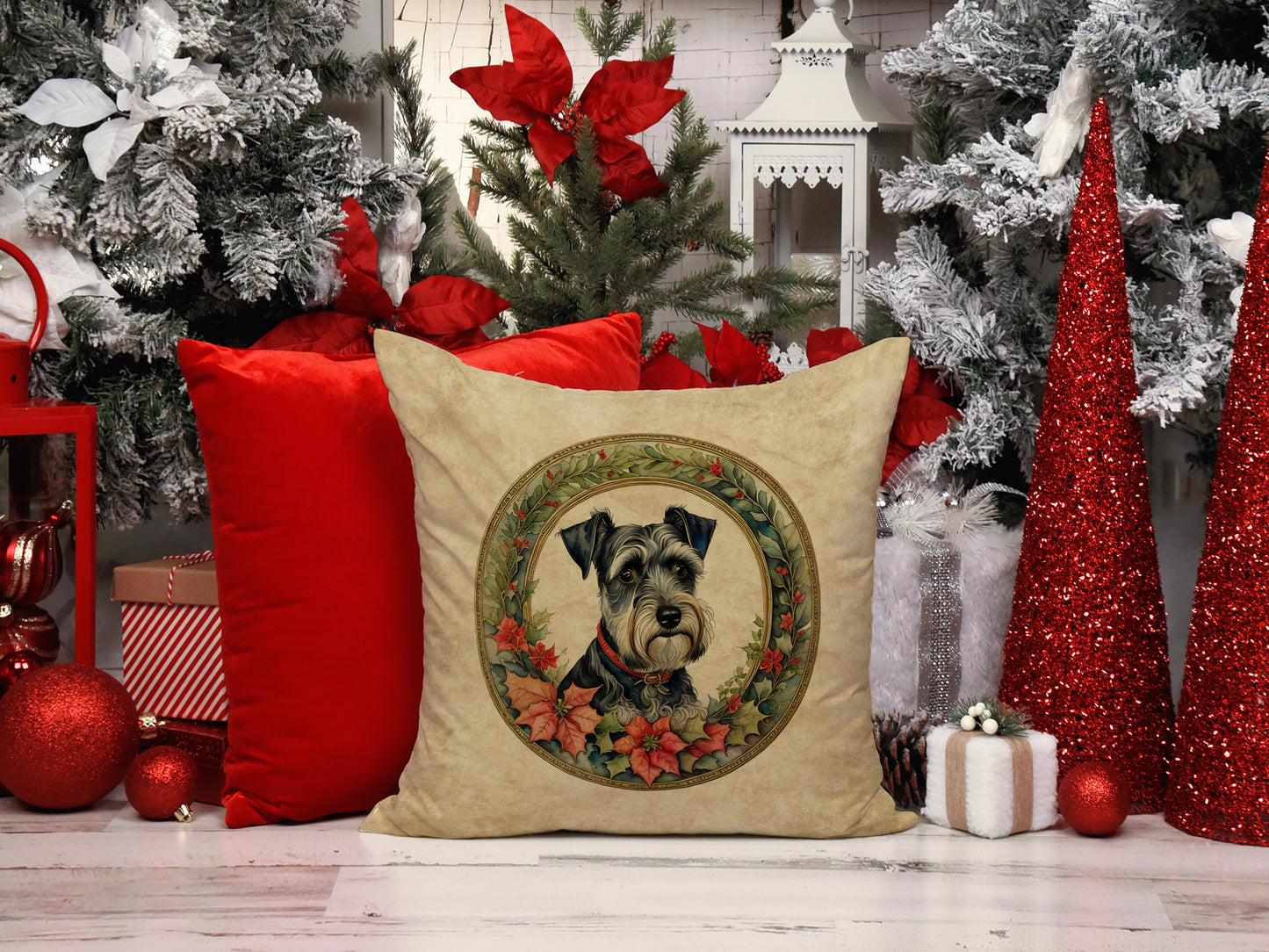 Schnauzer Christmas Flowers Throw Pillow