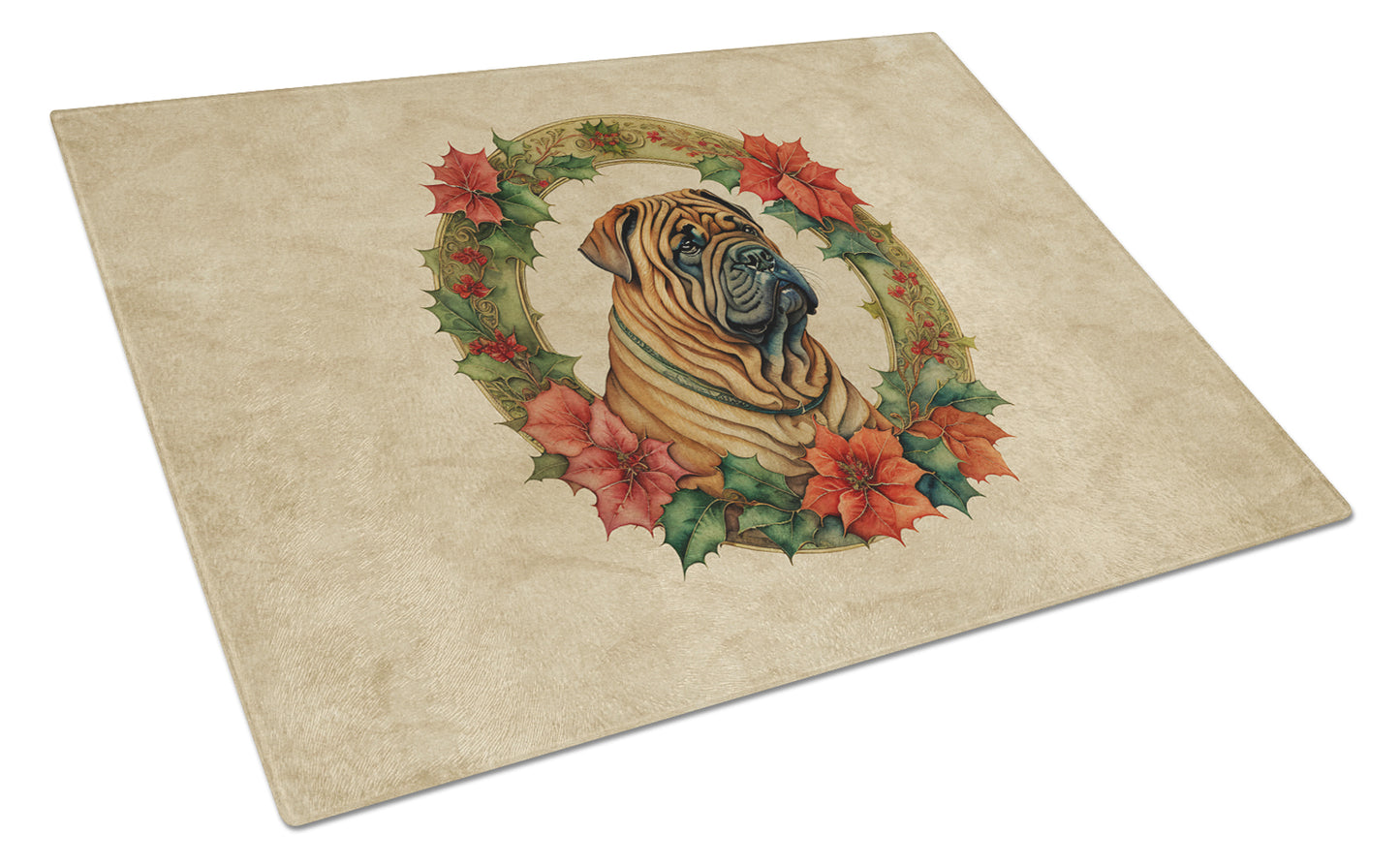 Buy this Shar Pei Christmas Flowers Glass Cutting Board