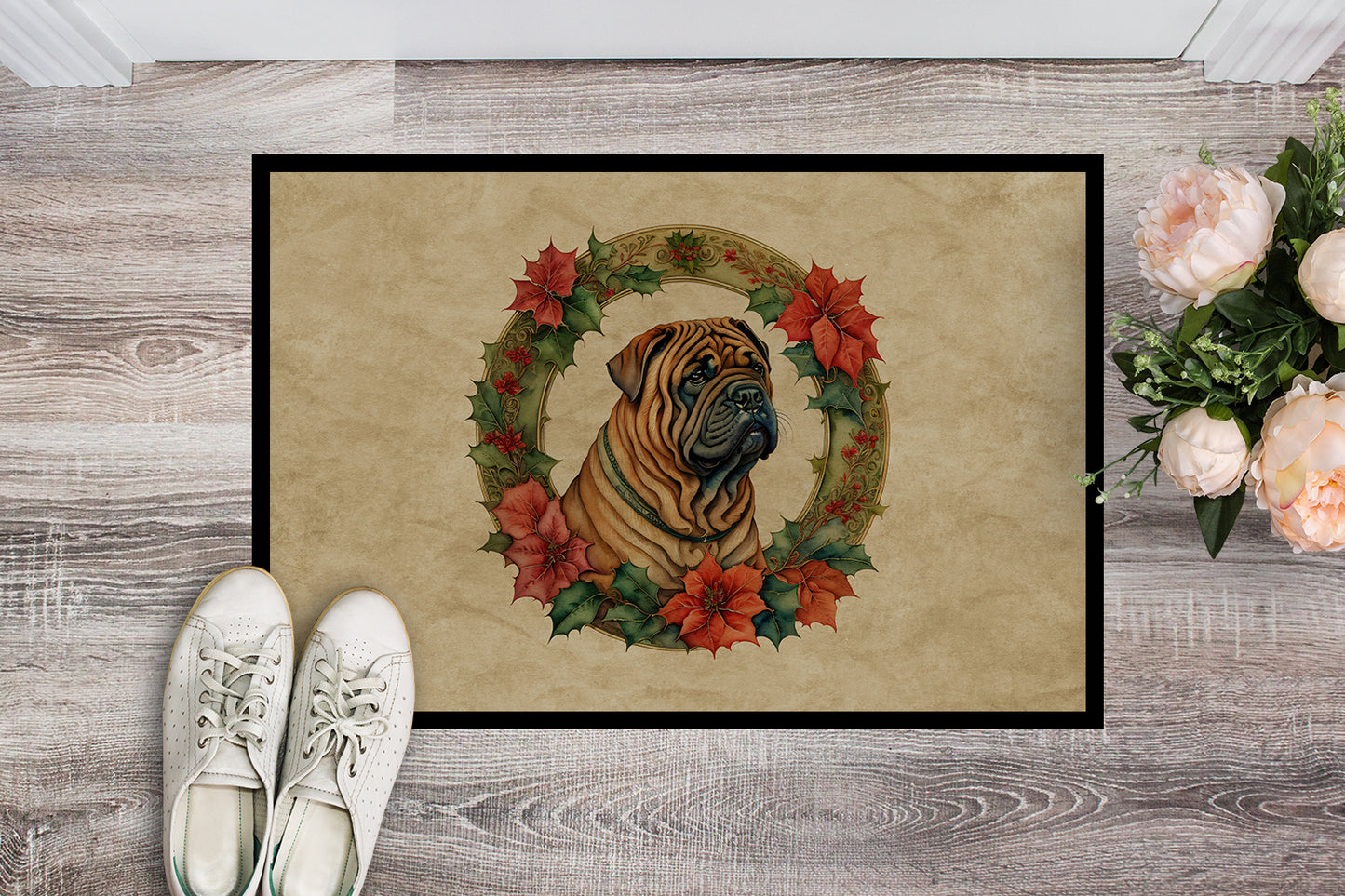 Shar Pei Christmas Flowers Doormat