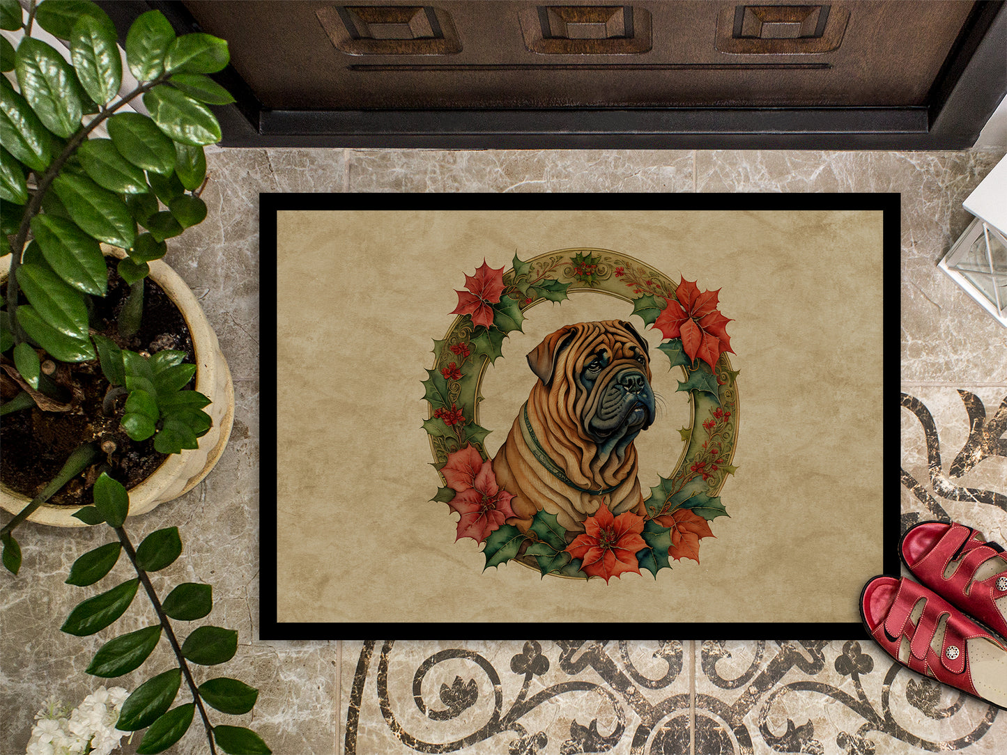 Shar Pei Christmas Flowers Doormat