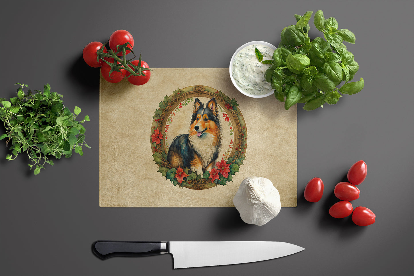 Sheltie Christmas Flowers Glass Cutting Board