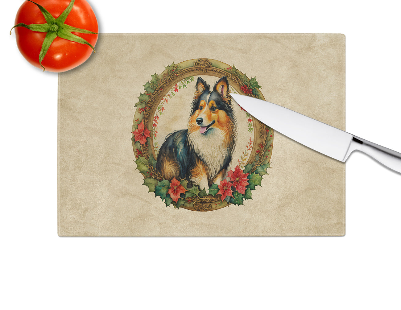 Sheltie Christmas Flowers Glass Cutting Board