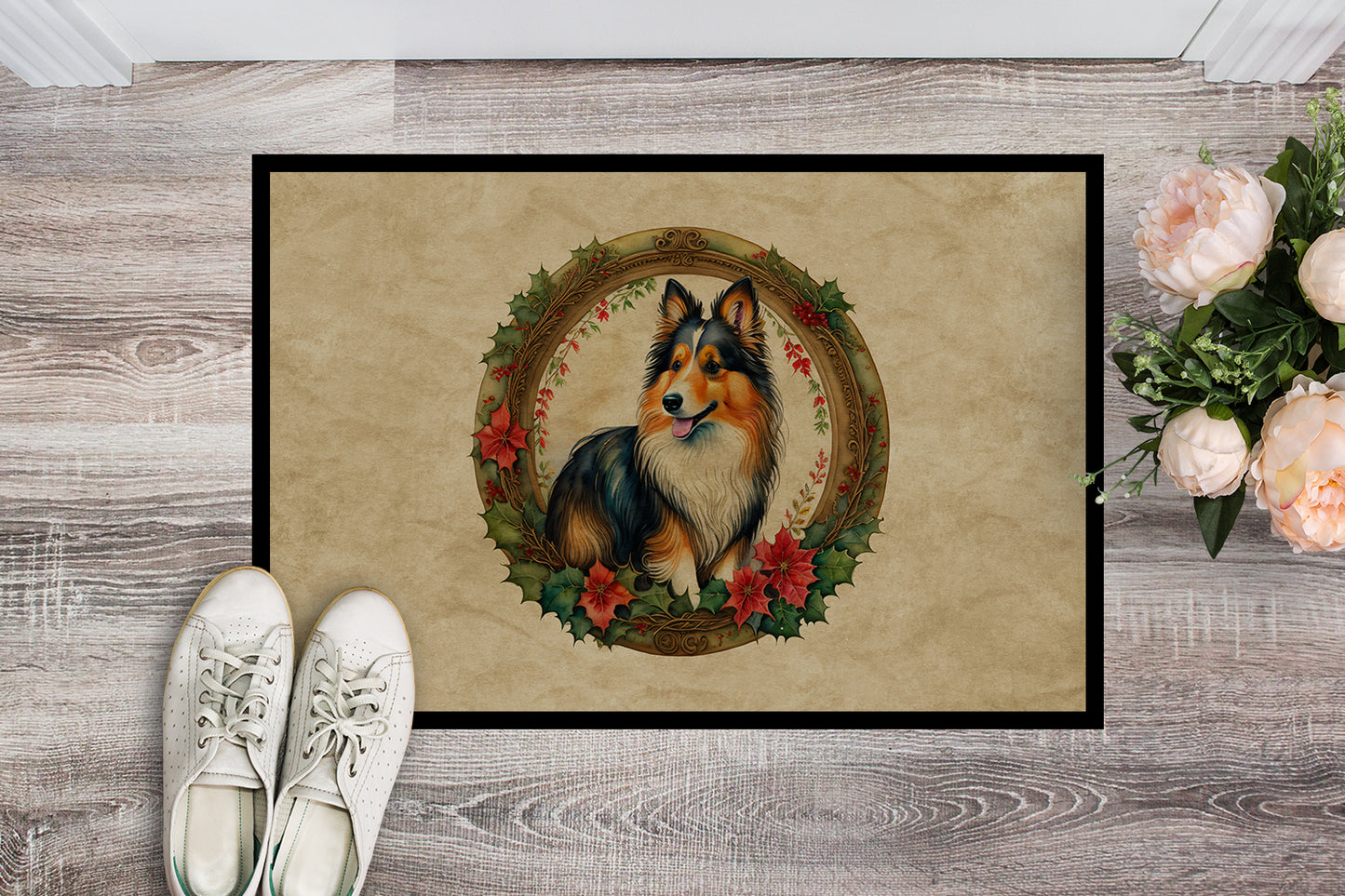 Sheltie Christmas Flowers Doormat