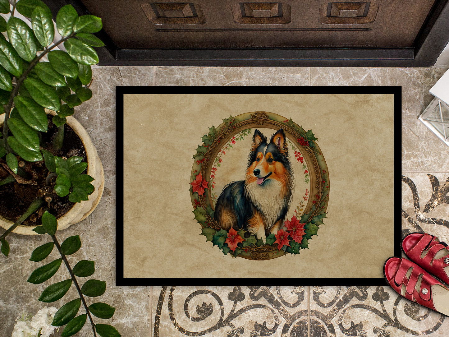 Sheltie Christmas Flowers Doormat