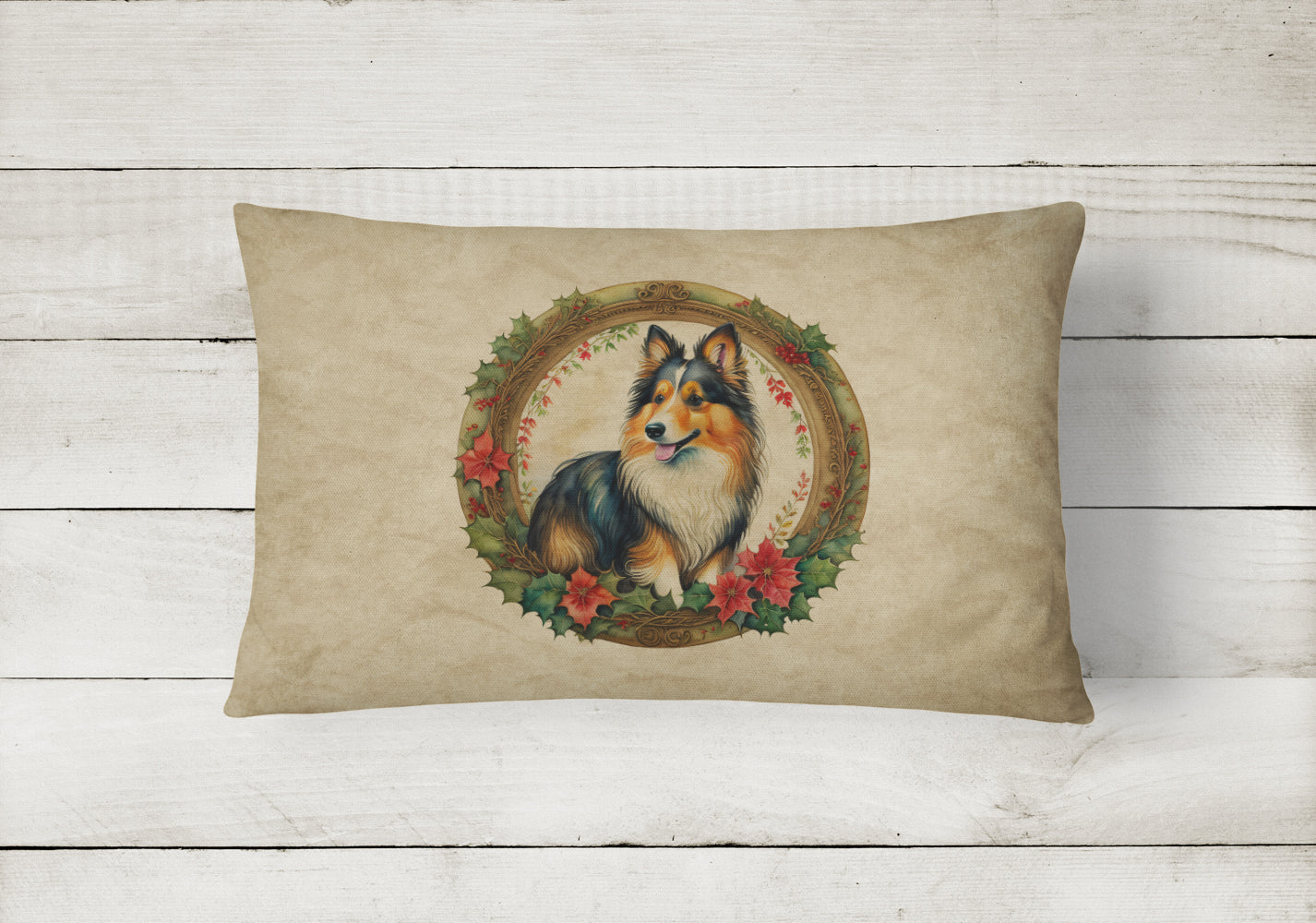 Sheltie Christmas Flowers Throw Pillow