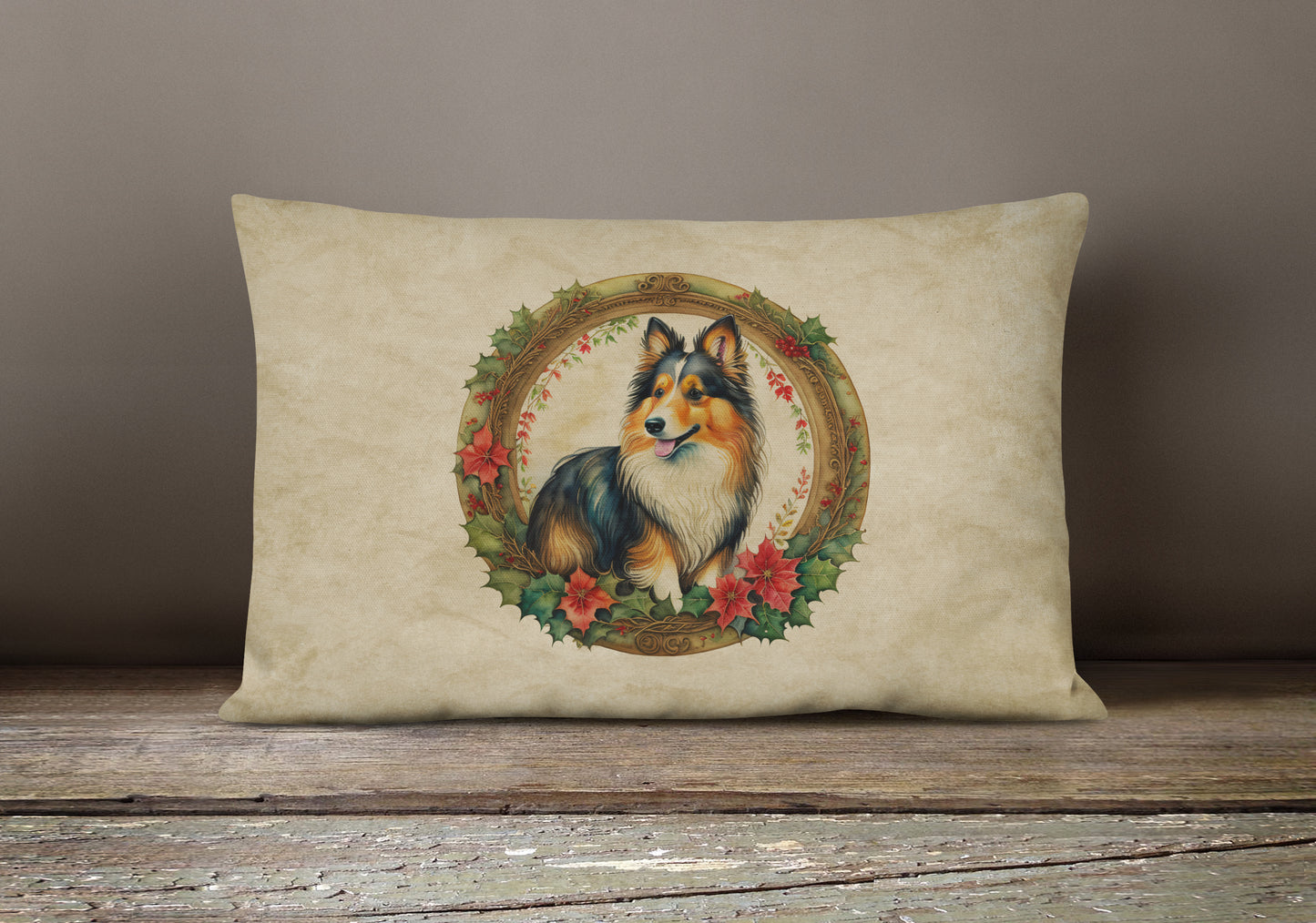 Sheltie Christmas Flowers Throw Pillow