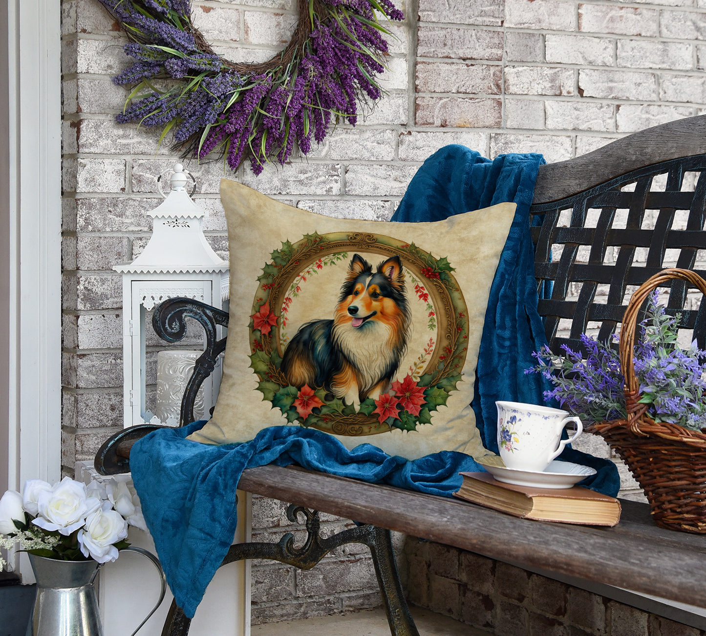 Sheltie Christmas Flowers Throw Pillow