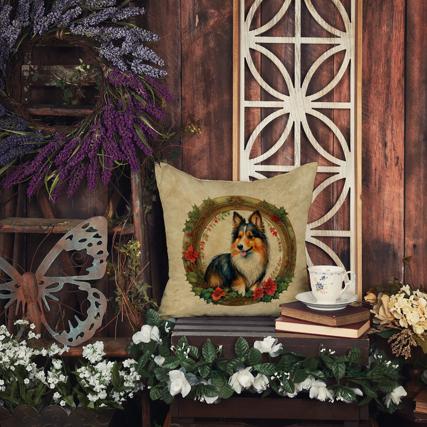 Sheltie Christmas Flowers Throw Pillow