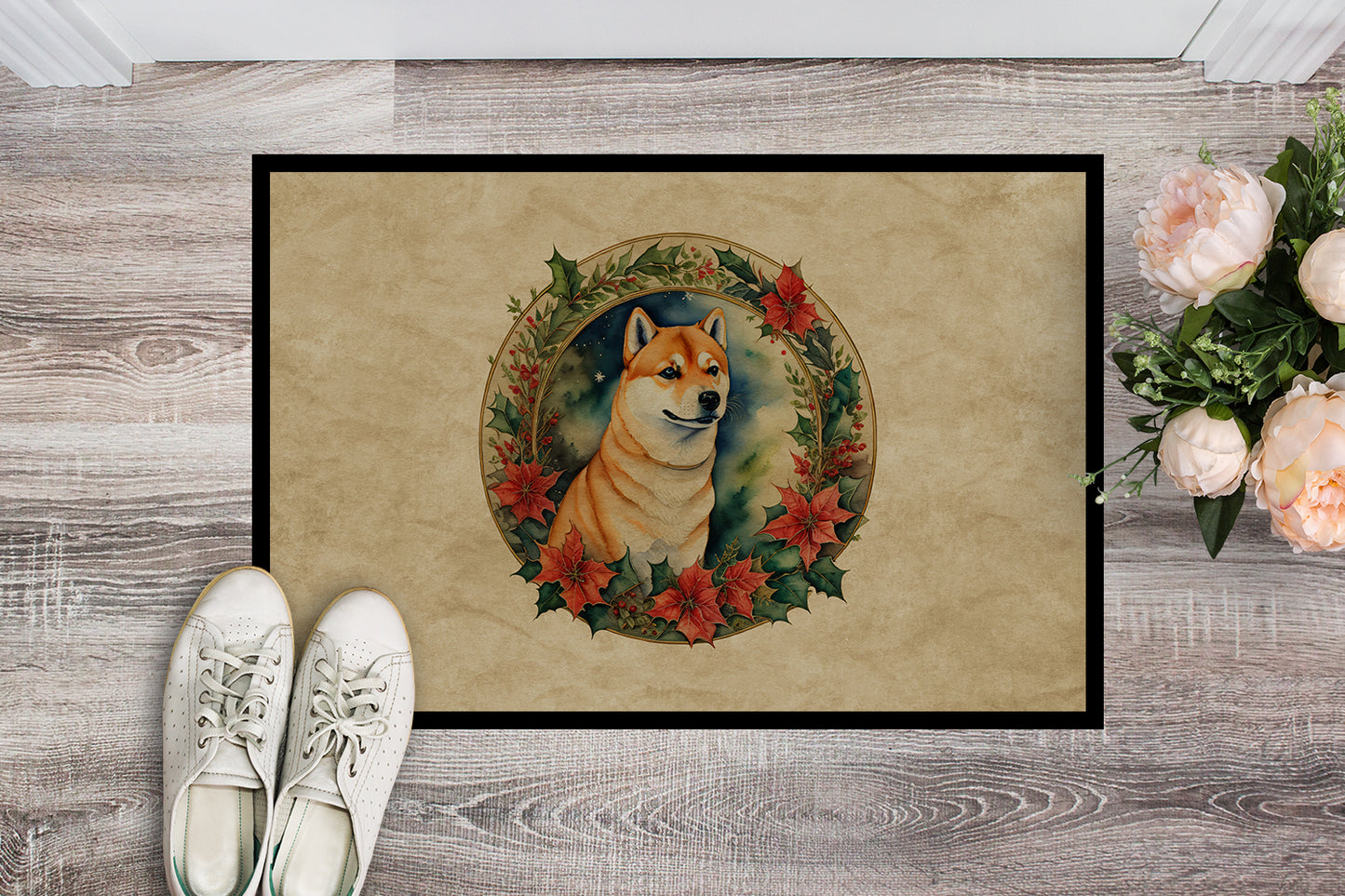 Shiba Inu Christmas Flowers Doormat