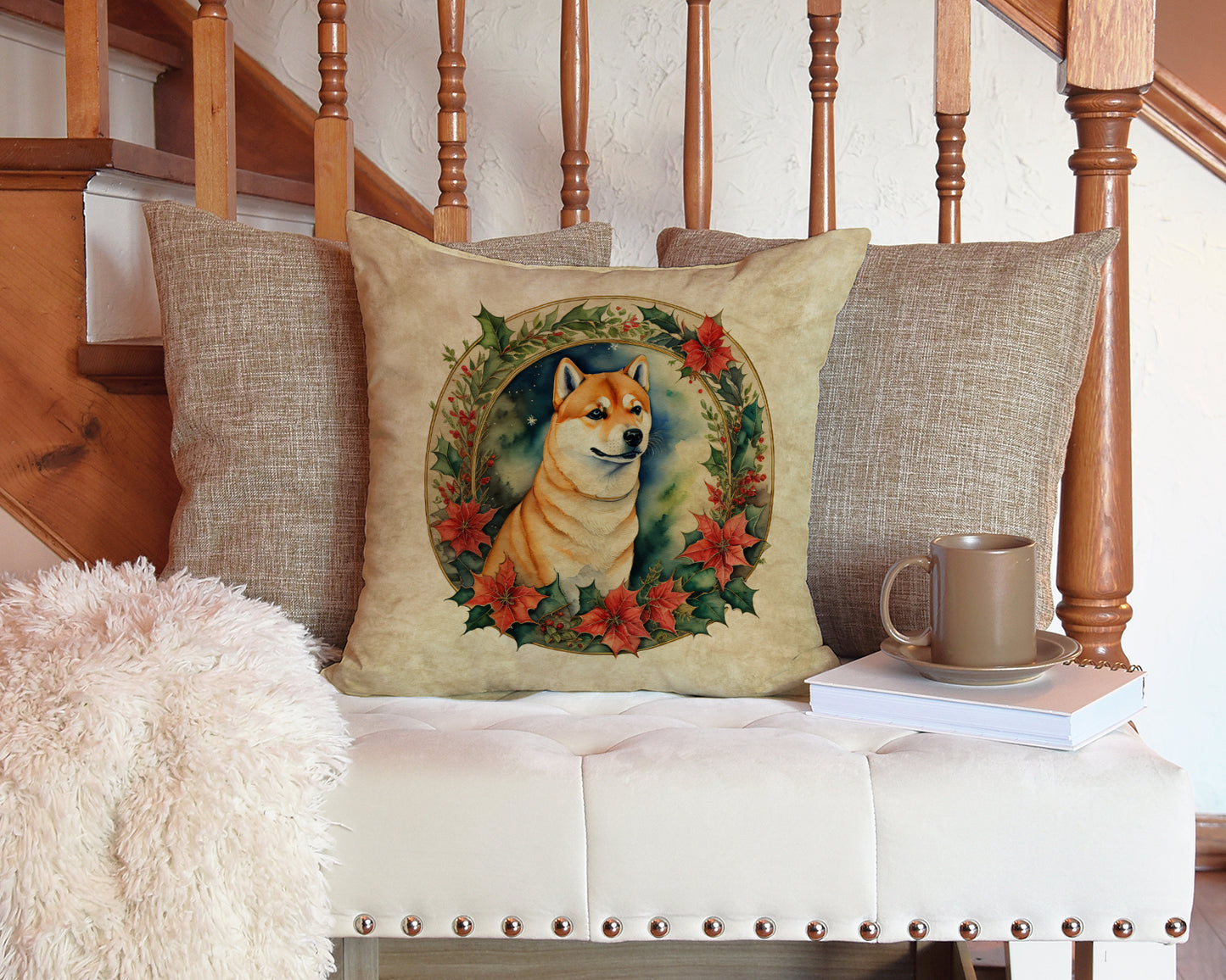 Shiba Inu Christmas Flowers Throw Pillow