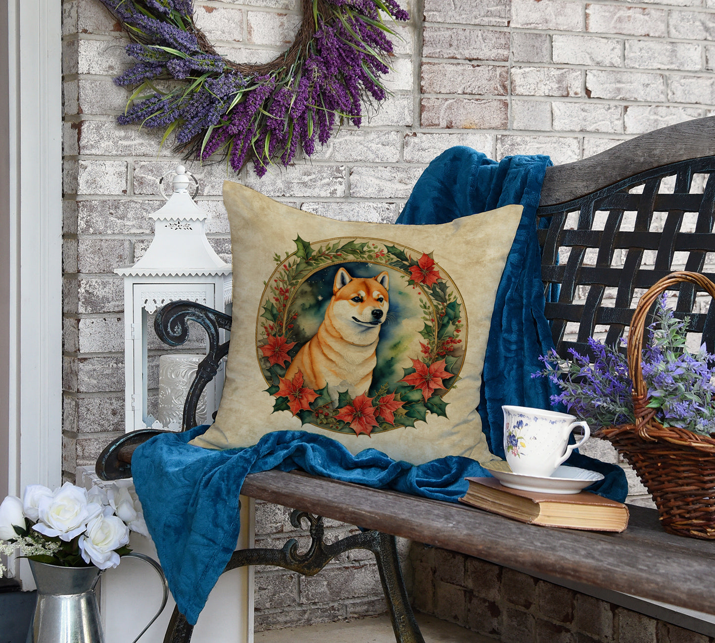 Shiba Inu Christmas Flowers Throw Pillow