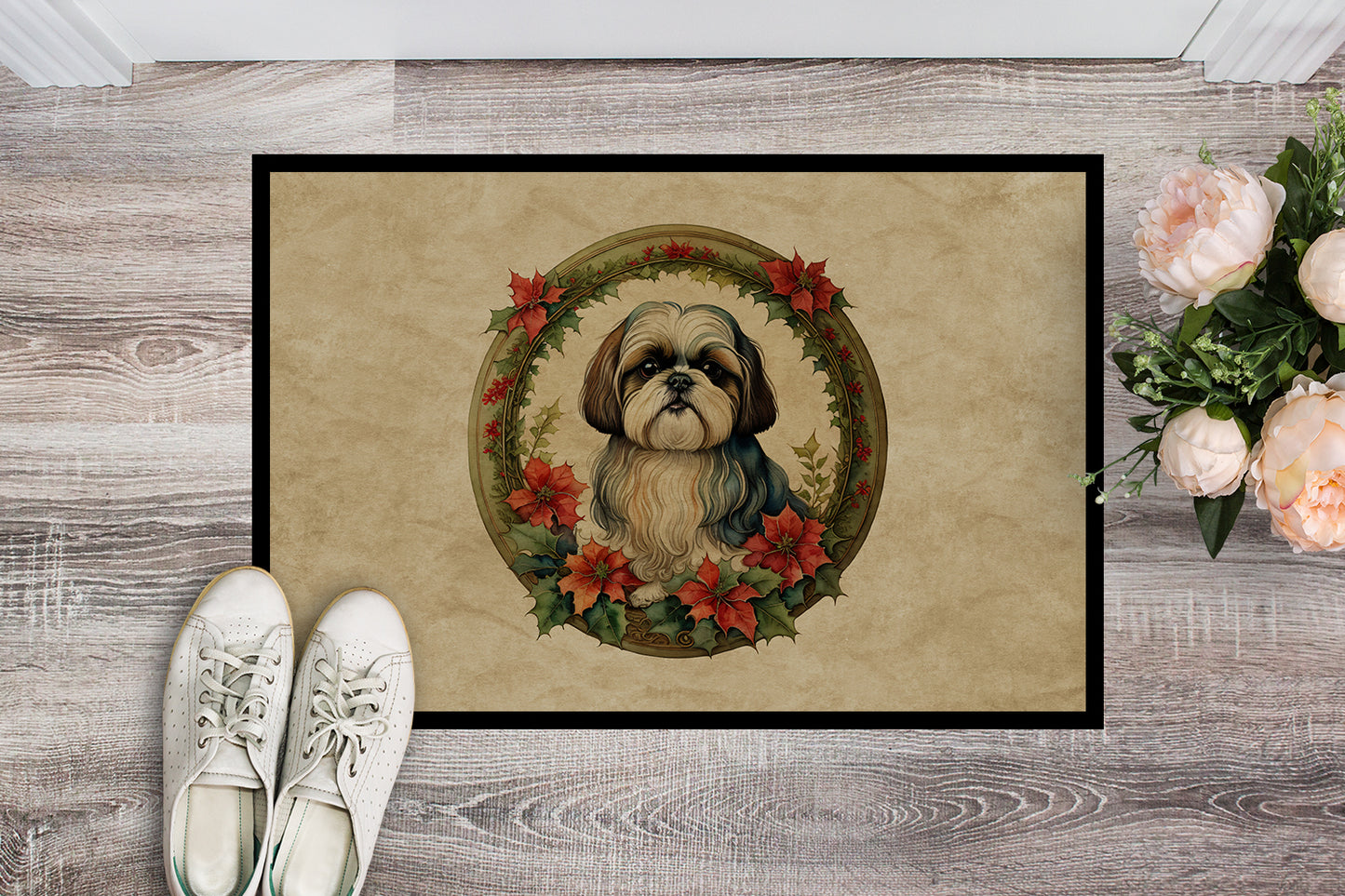 Shih Tzu Christmas Flowers Doormat